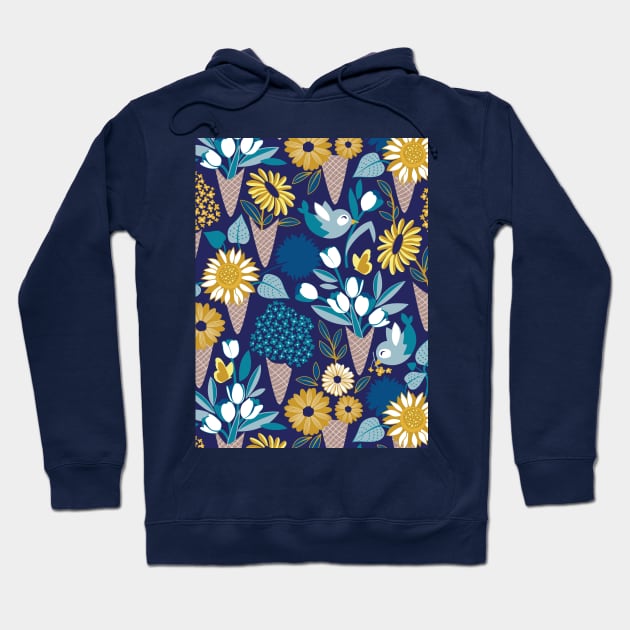 Midsummer I scream flower cones // pattern // navy blue background blue teal and yellow flowers bouquets Hoodie by SelmaCardoso